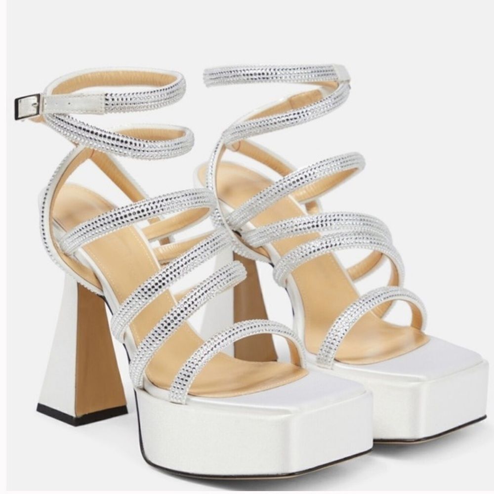 Revolve Mach & Mach White Sydney Embellished Satin Platform Sandals size 39.5